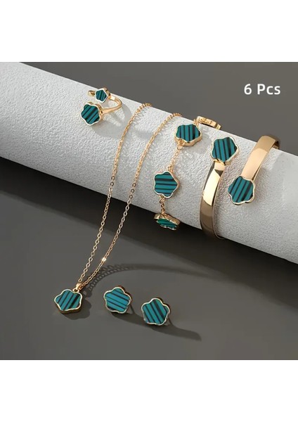 5'li Set, Yaz Çiçeği ve Yonca Kolye, Küpe, Bileklik, Yüzük, Kadınlar Için Yeşil Renk Aksesuar Takımı