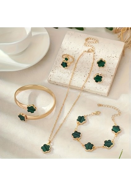 5'li Set, Yaz Çiçeği ve Yonca Kolye, Küpe, Bileklik, Yüzük, Kadınlar Için Yeşil Renk Aksesuar Takımı fiyatları