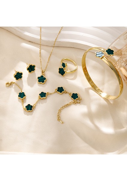 5'li Set, Yaz Çiçeği ve Yonca Kolye, Küpe, Bileklik, Yüzük, Kadınlar Için Yeşil Renk Aksesuar Takımı modelleri