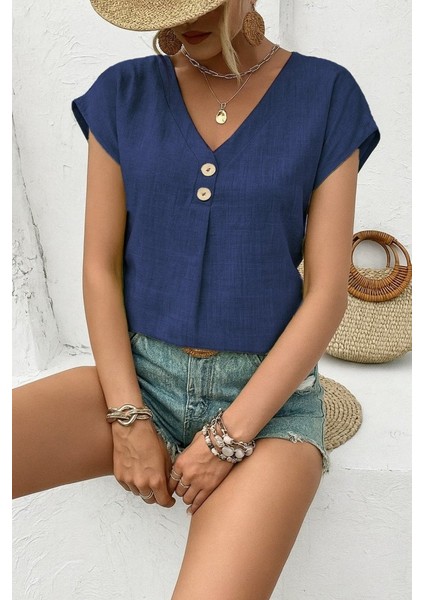 Kadın Kısa Kollu V Yakalı Düğmeli Keten Bluz fiyatları