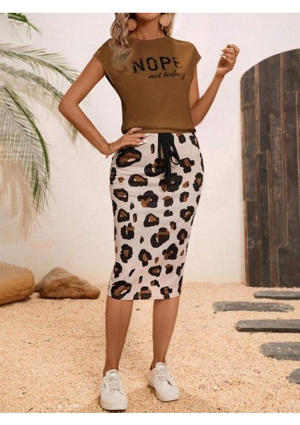 Kadın Kısa Kollu Bisiklet Yaka Viskon Bluz Desenli Dalgıç Etek Ikili Takım fiyatları