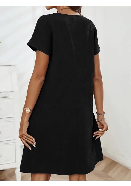 Kadın Kısa Kollu Yakası Açık Fermuarlı Cep Detaylı Ithal Keten Elbise fiyatları