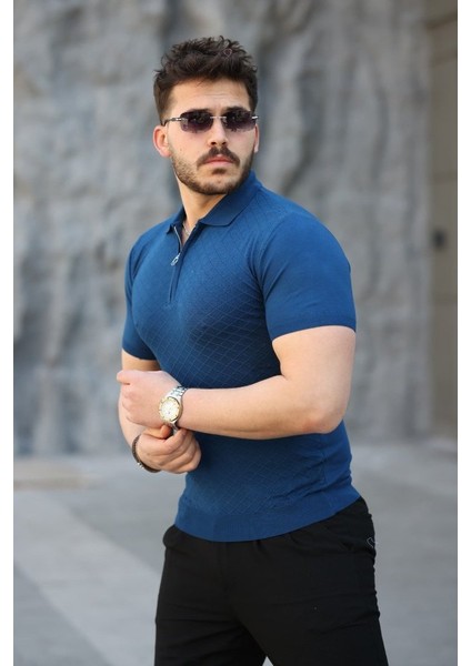 Erkek Viskon Kumaş Polo Yaka Desenli Tişört