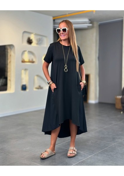Kadın Kısa Kollu Bisiklet Yaka Asimetrik Kesim Ön Viskon Arkası Trikoton Elbise fiyatları