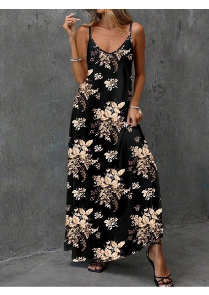 Kadın Ip Askılı V Yakalı Çiçek Desenli Süprem Elbise fırsatları