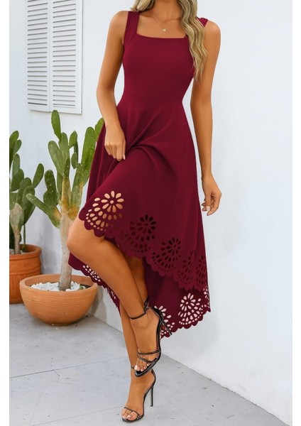 Kadın Askılı Geometrik Yaka Çiçek Lazer Kesim Ithal Krep Elbise