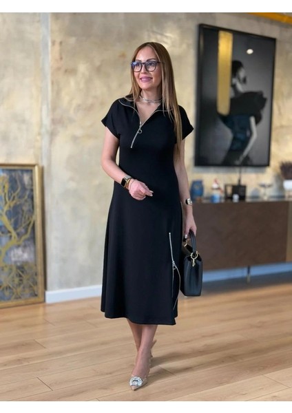 Kadın Kısa Kollu Yakadan ve Etekten Fermuarlı Midi Viskon Iki Iplik Elbise
