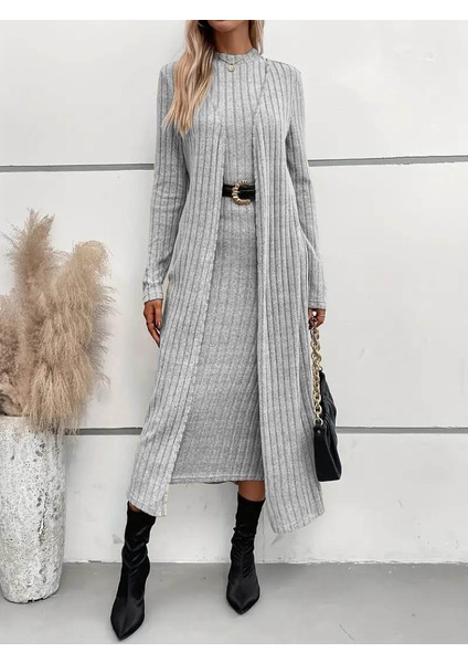 Kadın Uzun Kollu Yarı Balıkçı Yaka Şardonlu Dalgıç Elbise ve Uzun Hırka Ikili Takım