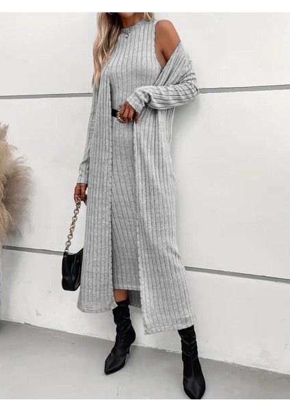 Kadın Uzun Kollu Yarı Balıkçı Yaka Şardonlu Dalgıç Elbise ve Uzun Hırka Ikili Takım fiyatları