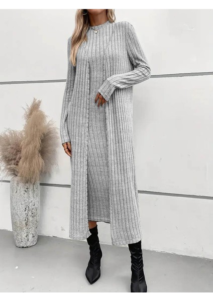 Kadın Uzun Kollu Yarı Balıkçı Yaka Şardonlu Dalgıç Elbise ve Uzun Hırka Ikili Takım modelleri