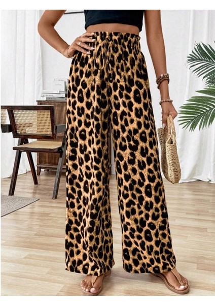 Kadın Süprem Kumaş Beli Lastikli Leopar Desen Pantolon fiyatları