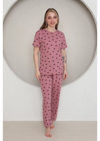 Kadın Kısa Kollu Pembe Pijama Takımı Kalpli fiyatları