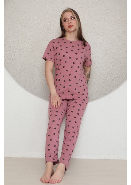 Kadın Kısa Kollu Pembe Pijama Takımı Kalpli modelleri