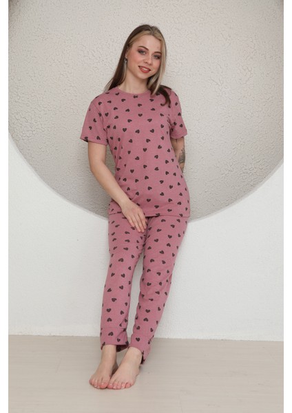 Kadın Kısa Kollu Pembe Pijama Takımı Kalpli fırsatları