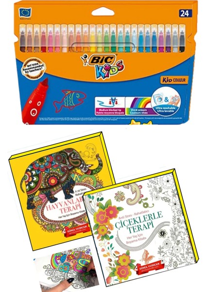 Mandala Boyama Seti Büyükler İçin 2 Kitap ve 24 Renkli Keçeli Kalem modelleri