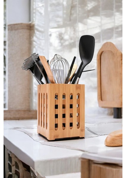 Kahverengi Bambu Mutfak Düzenleyici, Tezgah Üstü Dik Kaşıklık, Şık ve Pratik Kullanım fiyatları