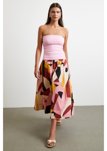 Desenli Midi Etek Pembe