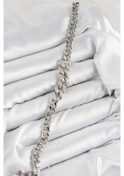 Pirinç Zirkon Taşlı Küba Zincir Model Gümüş Renk Kadın Bileklik - PRT3500EB07886 fiyatları