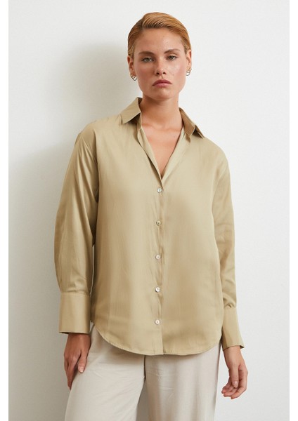 Diagonal Desen Gömlek Bej