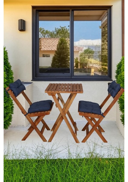 Ahşap 2+1 Katlanabilir Balkon & Bahçe Seti – Lacivert Renk Minderli Masa ve Sandalye Takımı (Montajsız)