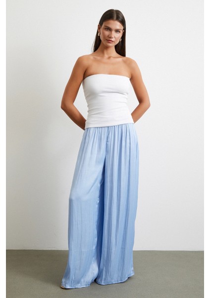Beli Lastikli Geniş Paça Büzgülü Pantolon Mavi