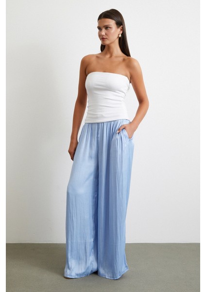 Beli Lastikli Geniş Paça Büzgülü Pantolon Mavi modelleri