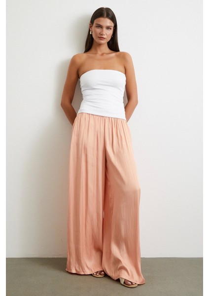 Beli Lastikli Geniş Paça Büzgülü Pantolon Pudra