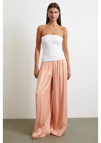 Beli Lastikli Geniş Paça Büzgülü Pantolon Pudra fiyatları