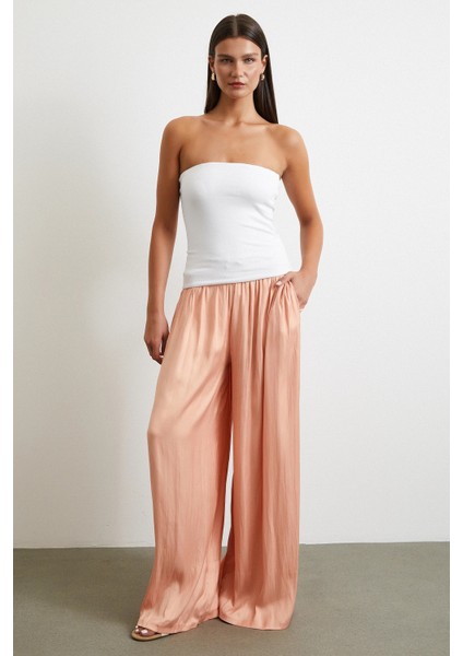 Beli Lastikli Geniş Paça Büzgülü Pantolon Pudra modelleri