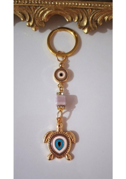 Hediyelik Nazar Boncuklu Bej Kaplumbağa Anahtarlık 10,5 cm