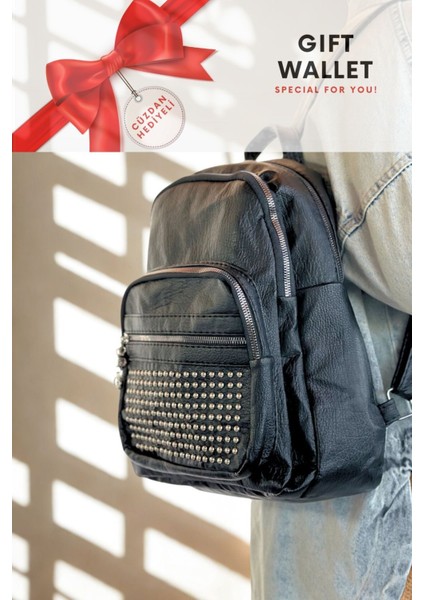 Orijinal Polo Bag Yumuşak Deri Orta Boy Taşlı Kadın Sırt Çantası