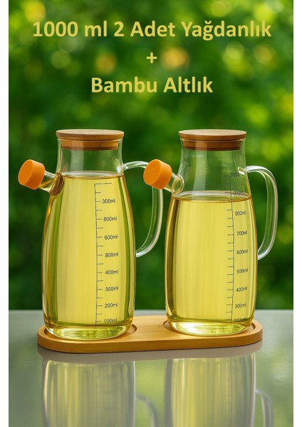 Back Sıne Bambu Kapaklı ve Bambu Altlıklı Borosilikat Cam Yağlık Sirkelik - 3 Lü Set - 2 Adet Yağdanlık ve 1ADET Bambu Stand