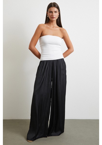 Beli Lastikli Geniş Paça Büzgülü Pantolon Siyah modelleri