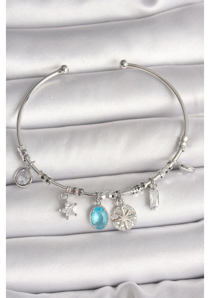 Pirinç Gümüş Renk Sallantı Pusula Figür Kalp Detay Charm Kadın Bileklik - PRT3500EB04602