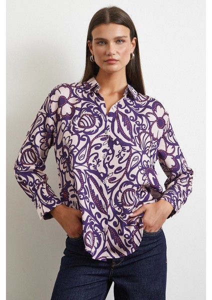 Çiçek Desenli Saten Gömlek Mor