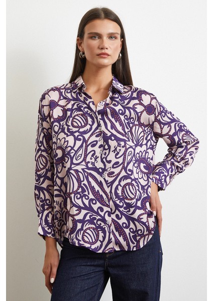 Çiçek Desenli Saten Gömlek Mor fiyatları