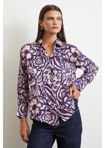 Çiçek Desenli Saten Gömlek Mor modelleri