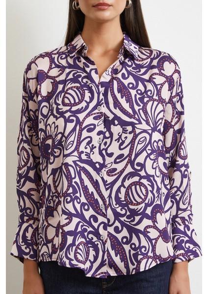 Çiçek Desenli Saten Gömlek Mor fırsatları