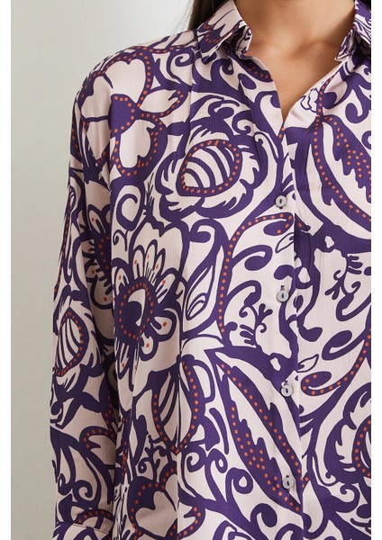 Çiçek Desenli Saten Gömlek Mor indirimleri