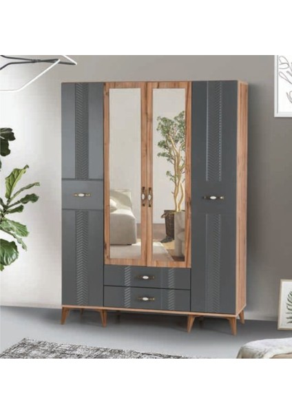 Bera Atlantik Çam - Antrasit 4 Kapılı Tuğçe Dolap