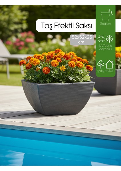 Yivli Antrasit Plastik Kare Saksı G 52 cm D 52 cm Y 25 cm