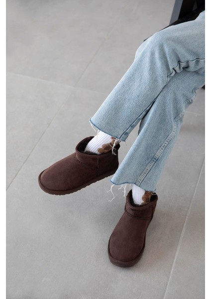 Mini Gri Süet Yarım Bot Içi Tüylü Düz Taban Kadın Ayakkabı