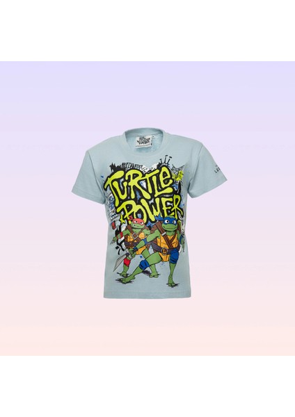 Genç Mutant Ninja Kaplumbağalar Turtle Power Baskılı Bisiklet Yaka Mavi Erkek Çocuk Tişört