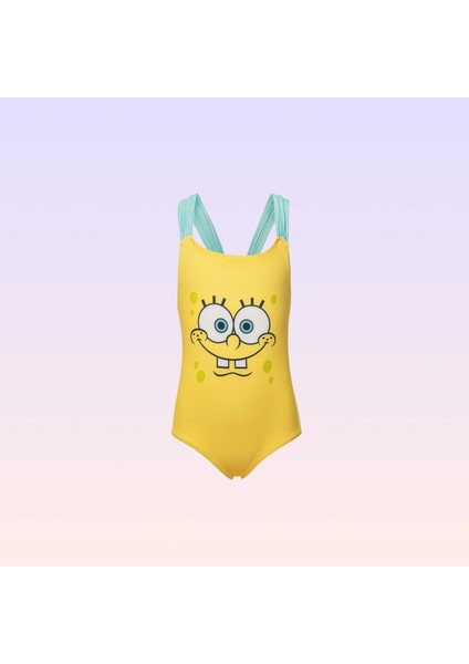 Sünger Bob Kare Pantolon Baskılı Sarı Kız Çocuk Mayo