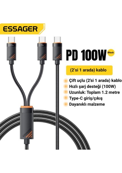 Kopmaz Örgü Kablo 1.2 mt PD100W Type C Şarj Kablosu 2x Type C Şarj Kablosu Veri Aktarım Kablosu