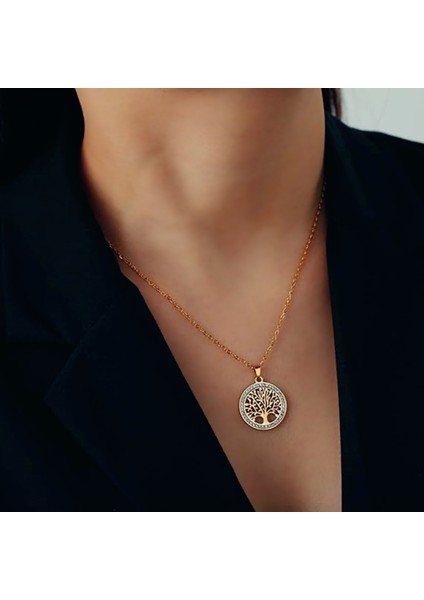 Altın Kaplama Hayat Ağacı Kolye 925 Ayar Gümüş -316L Paslanmaz Çelik Zincir
