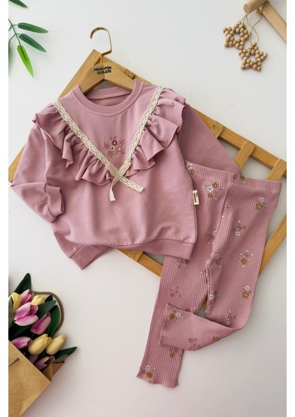 Yaka Volan Detaylı Işlemeli Çiçekli Taytlı Kız Çocuk takım - Mor