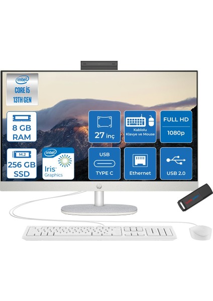 27-WCR0011NT Intel Core I5 1335U 8gb 256GB SSD Freedos 27 Inç FHD(1920X1080) IPS 300 Nit %99 Srgb Beyaz All In One Bilgisayar 898C1EAF01 +Zetta Flash Bellek