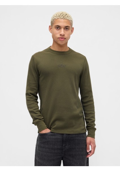 Erkek Yeşil Gap Logo Waffle-Knit Bisiklet Yaka T-Shirt