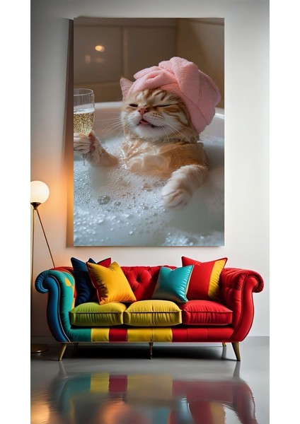 Küvette Şampanya Içen Kedi Ev Duvar Salon Güzellik Salonu Ofis Dükkan Dekarasyon Kanvas Tablo